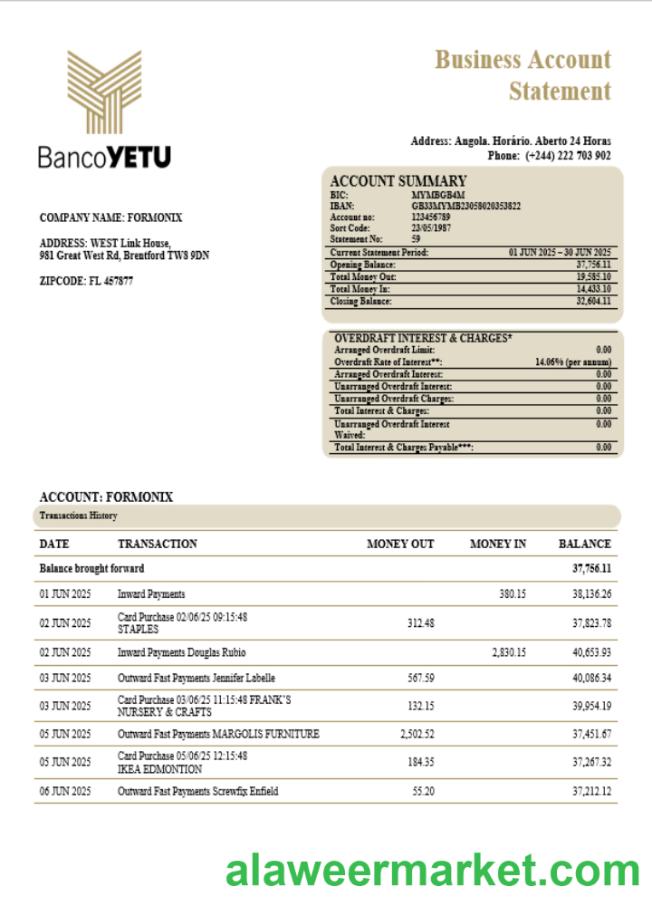 Banco Yetu business bank company statement Word and PDF format